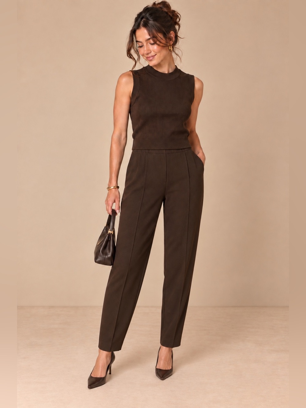 St. John Espresso Brown Ribbed Knit Pleated Tapered Leg Pants Size 12 Luxe Set